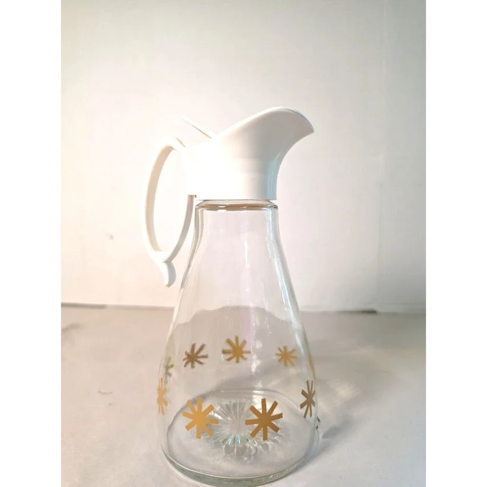 Vintage Log Cabin Syrup Pitcher Dispenser Gold Stars Starburst Clear Glass MCM